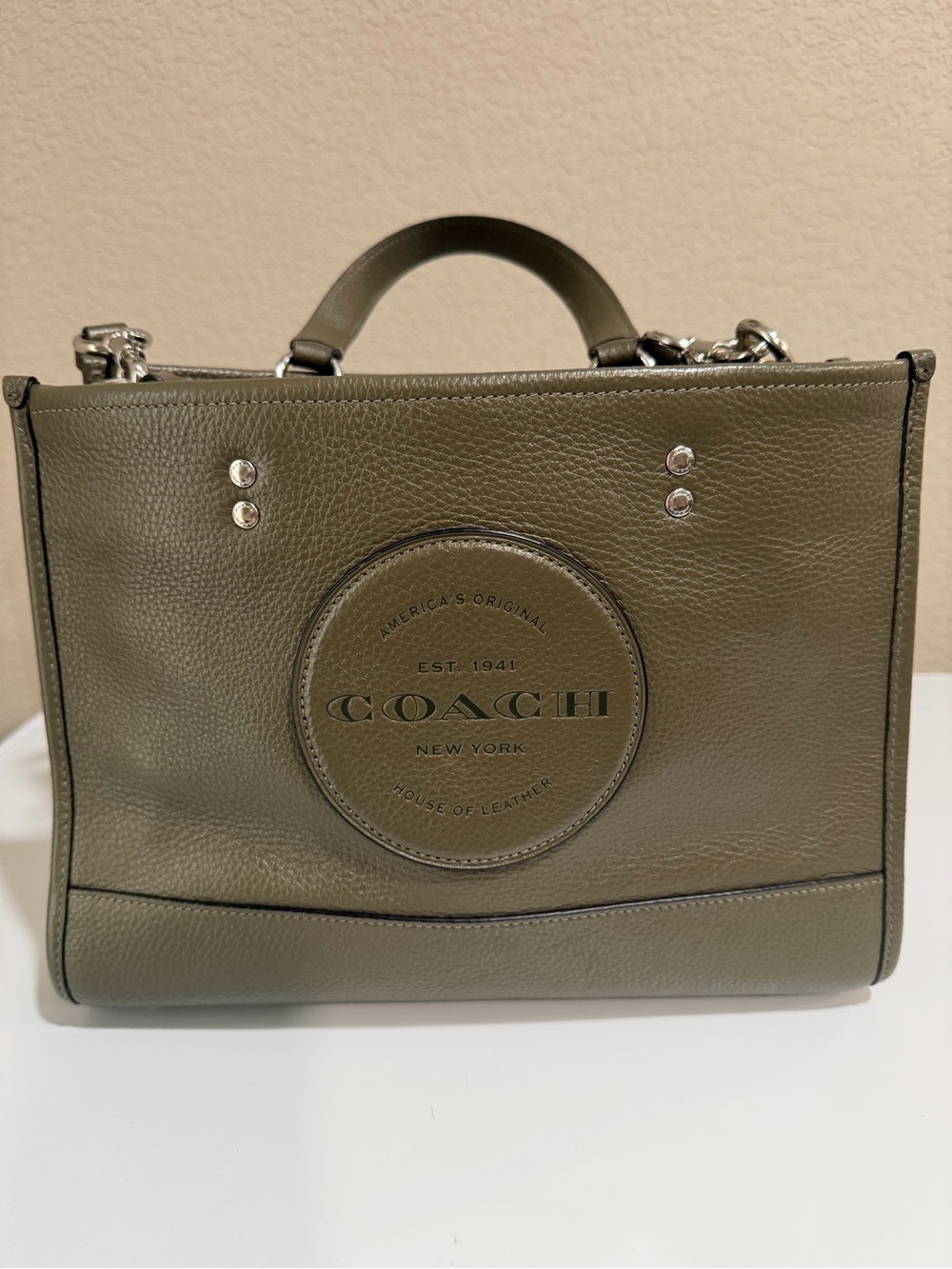 Coach Olive Green Pebbled Leather Satchel with Circular Logo Patch